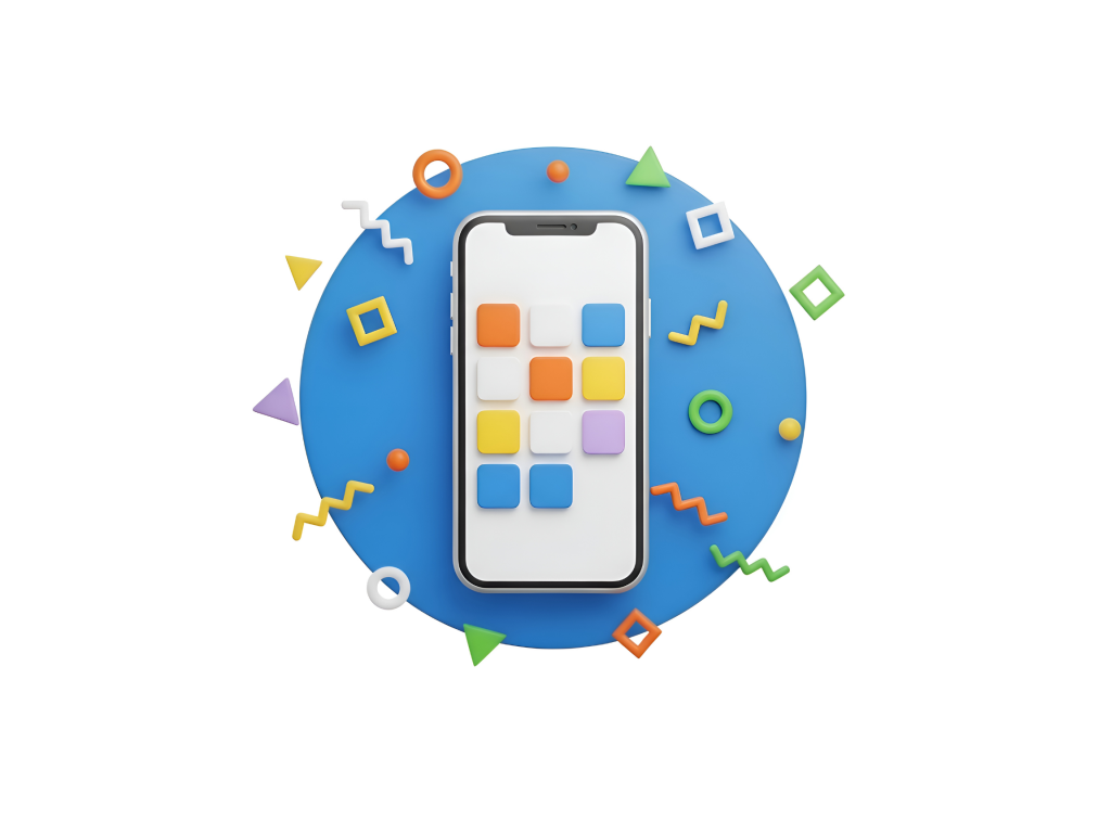 Colorful phone graphic with apps